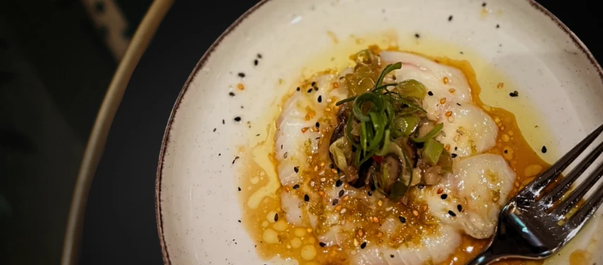 GEBEIZTER HEILBUTT
SASHIMI / SHIITAKEPILZE / JUNGER LAUCH