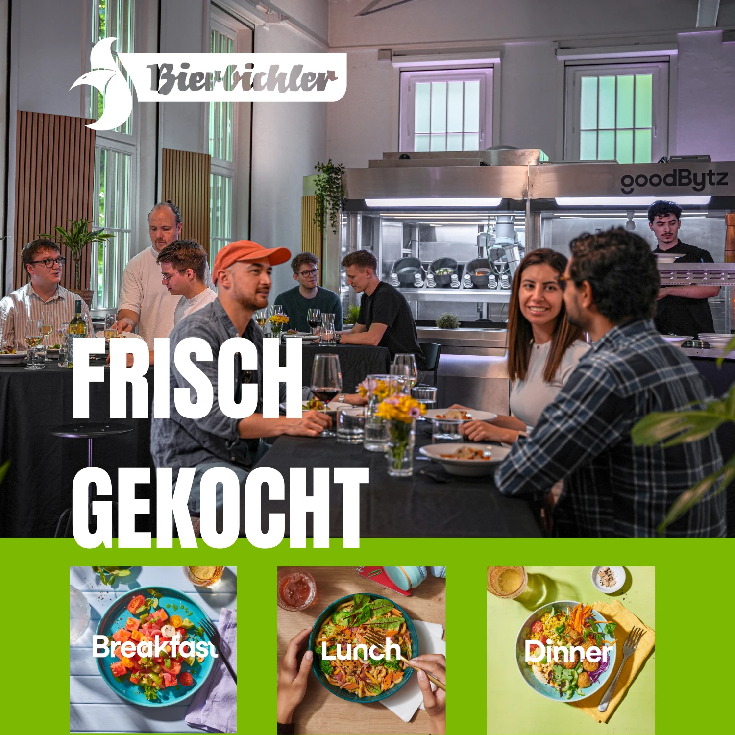 Eine Gruppe von Menschen sitzt an einem Tisch. Frisch gekocht mit dem Kochroboter von Bierbichler